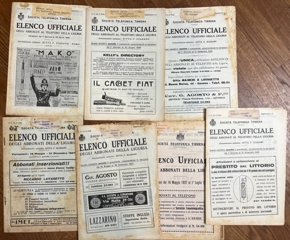 Società telefonica tirrena. Elenco ufficiale degli abbonati al telefono della Liguria. Supplemento n. 1, 2, 3, 4 (1926); 2, 3, Supplemento straordinario (1927); 1 (1928)